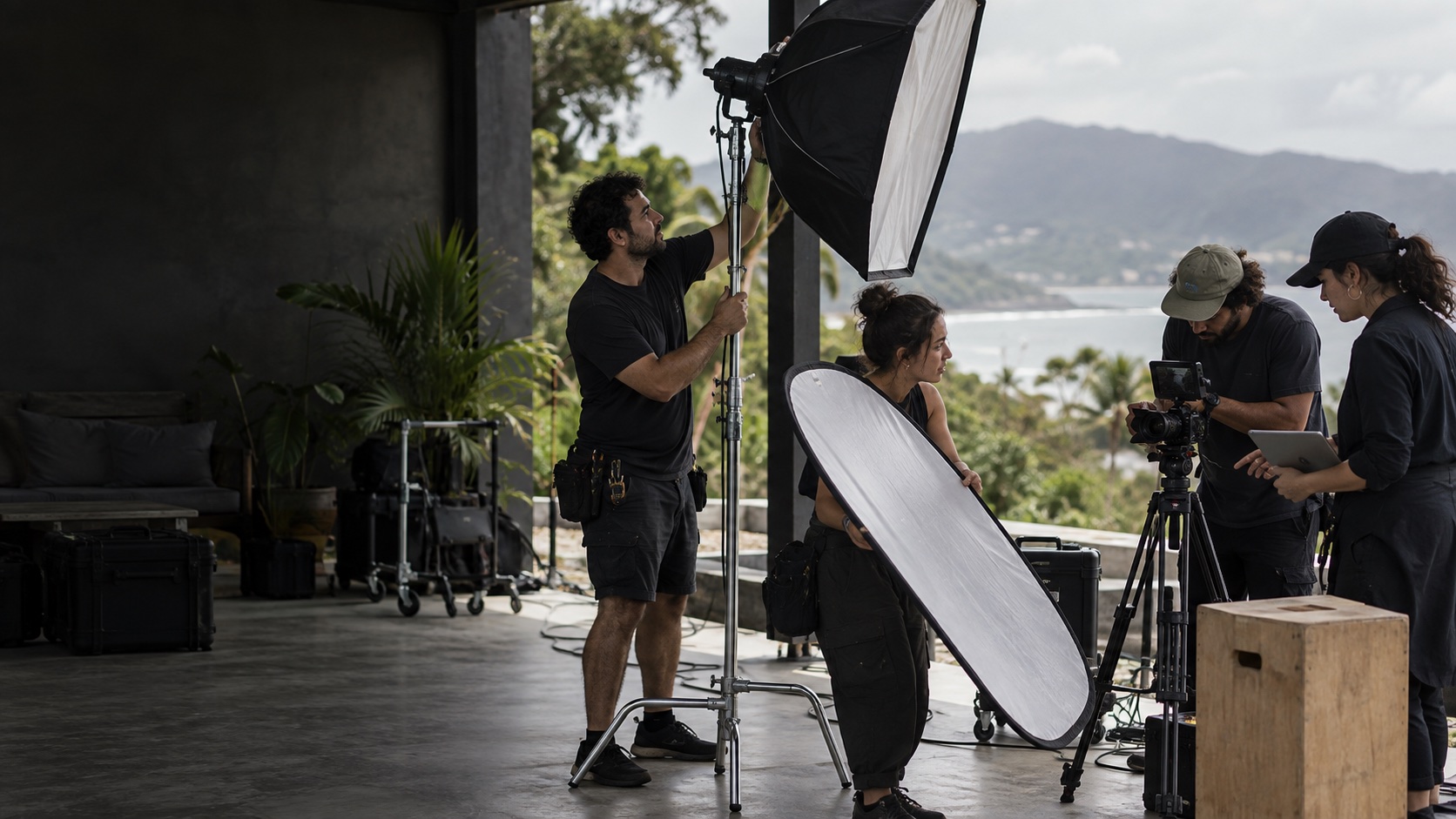Illustrative crew adjusting lighting and camera equipment in daylight