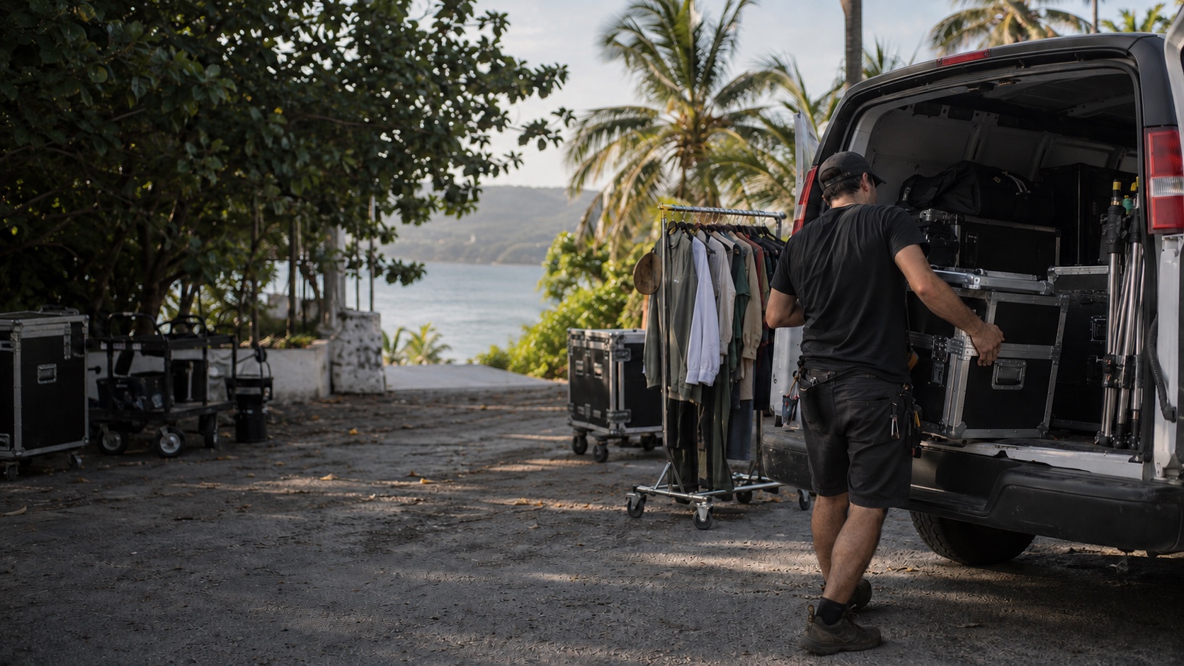 Illustrative crew member loading production cases into a vehicle