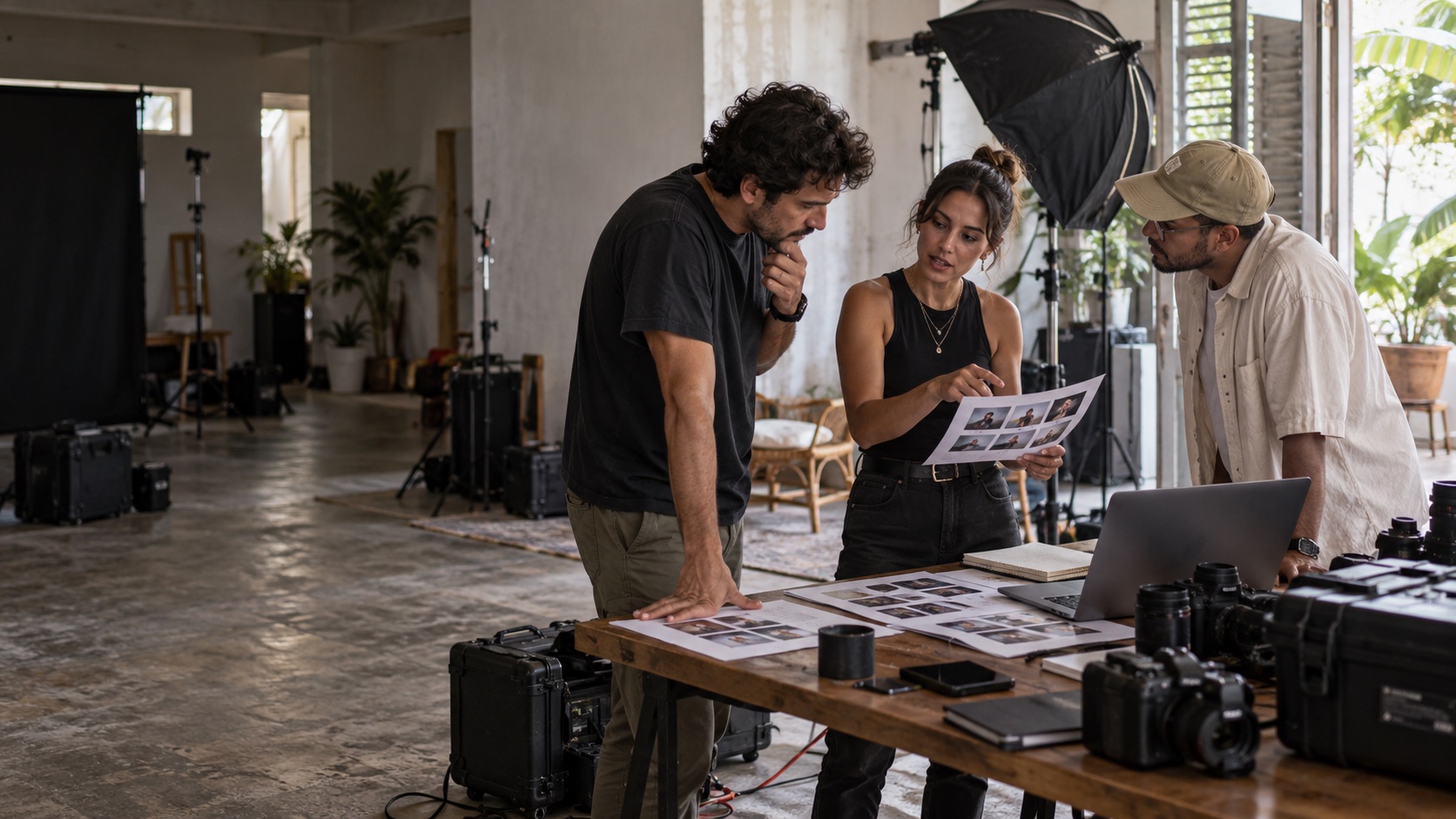 Illustrative interior production planning with three people reviewing a shot plan