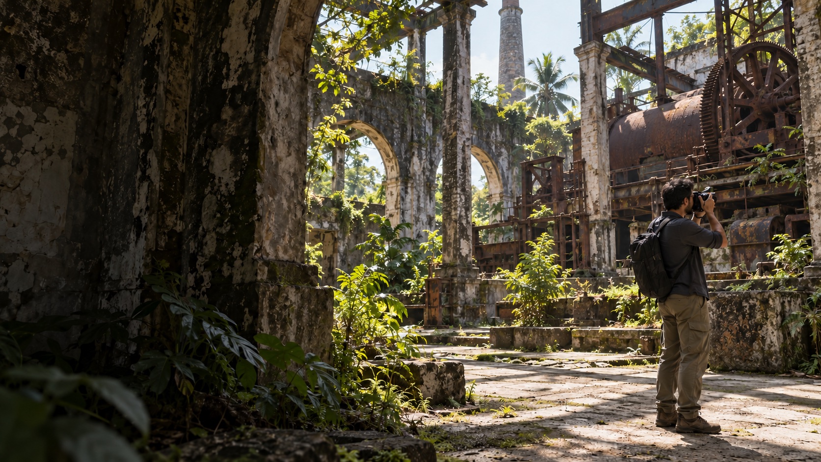 Illustrative scout photographing the interior of a disused sugar mill