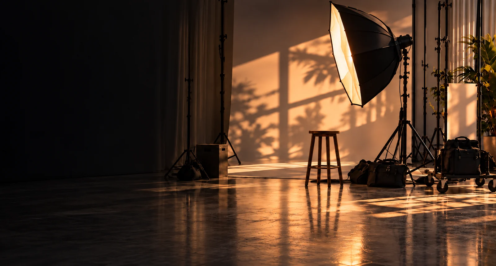Approved illustrative still-photography studio with softbox, backdrop and light stands